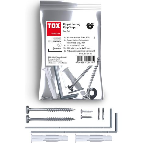 TOX Kipp Stopp Dispositivo antiribaltamento per mobili, tenuta sicura in tutti i locali e in quasi tutti i materiali da costruzione per scaffali, armadi, cassettiere ecc., 8 pezzi, 01160132 (1/4)