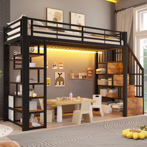 Lit mezzanine en métal 90x200 cm, lit avec marches de rangement, tiroirs tissu, LED, garde-corps, espace sous lit, noir (1/5)