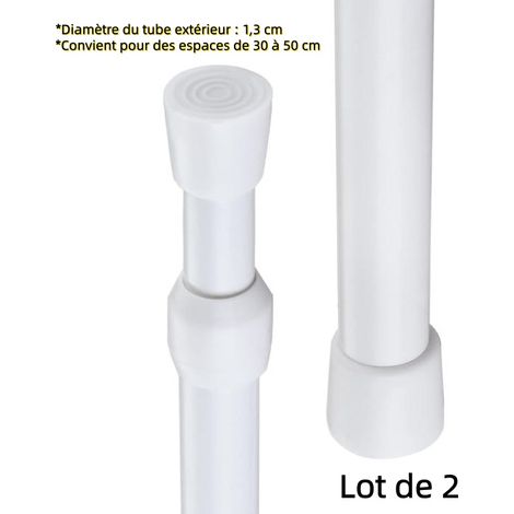 Lot de 2 barres télescopiques à ressort multifonction blanches, extensibles de 30 à 50 cm, pour armoires, étagères, rideaux de douche et projets DIY, sans perçage (1/5)