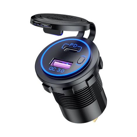 Caricabatterie USB modificato, adatto per auto, moto e barche, con display digitale, 3 porte USB e adattatore per accendisigari, colore blu.