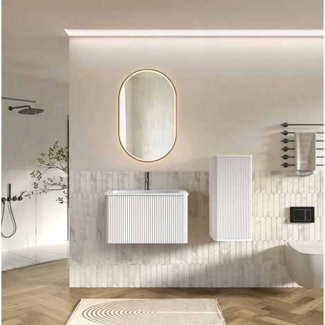 Meuble avec vasque de salle de bain, miroir LED et colonne de rangement, mural, blanc DESVIAE (1/5)