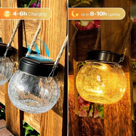 Set mit 2 Solar-Gartenlaternen für den Außenbereich, IP65 wasserdicht, Kugeln aus Crackle-Glas, Hängeleuchten mit 2 Modi (warmes Bernstein & RGB-Farbwechsel) für Terrasse, Baum und Partydekoration (1/5)