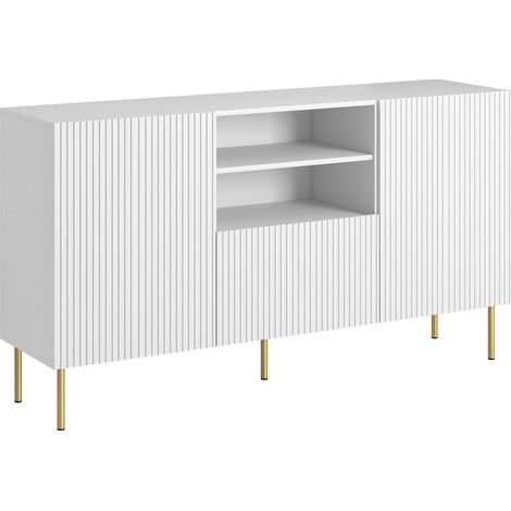 Buffet Stornara, Buffet de salon avec deux portes battantes, un tiroir et deux compartiments ouverts, Design effet roseau, 150x42 h82 cm, Blanc (1/4)