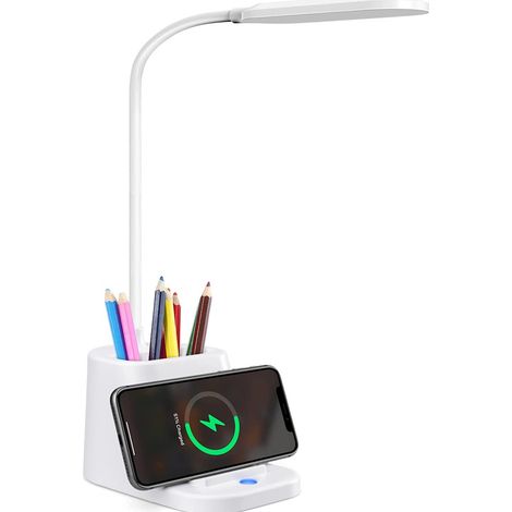 Lampe De Bureau Led - Chargeur Sans Fil 10 W - Collier Flexible 360° - 3 Modes D'éclairage - Support Téléphone Et Porte-stylo - Blanc (1/5)