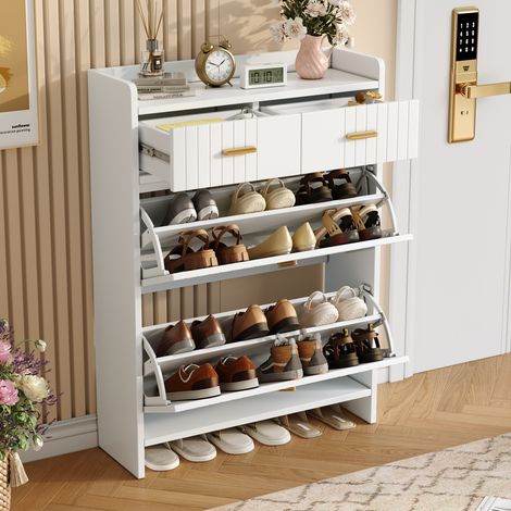 Zapatero con compartimentos abatibles y 2 cajones, zapatero estrecho y moderno de 2 niveles, mueble de almacenamiento de zapatos para recibidor, blanco, 75 × 24 × 108,5 cm (1/5)