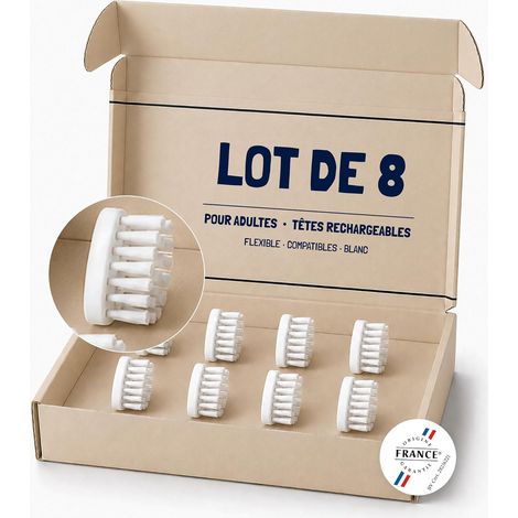 Lot de 8 Têtes de Brosse à Dents Rechargeables Compatibles Blanc Convient aux Adultes Poils Souples Fabriqué en France Dentaire Écologique Hygiène bucco-dentaire optimale (1/5)