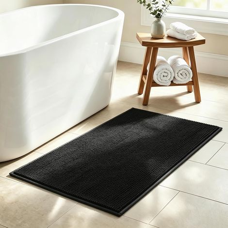 Tapis de Bain Épais en Chenille, Antidérapant, Noir, 80x50 cm Tapis de Douche Ultra Absorbant, Doux et Moelleux, Lavable en Machine, Séchage Rapide, pour Douche, Baignoire et Lavabo (1/5)