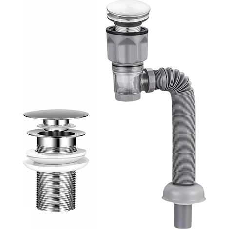 Kit de Vidange pour Lavabo avec Bouchon Pop-Up - Bonde de Lavabo en Acier Inoxydable, Tuyau Flexible Extensible 300-1000 mm,pour Anti-Odeurs/Anti-Fuite/Anti-Insectes.(Gris) (1/5)
