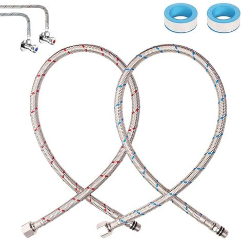 Lot de 2 tuyaux de raccordement G3/8 x M10 - 80 cm - Tuyau flexible avec bande d'étanchéité - Tuyau de raccordement pour robinet - Rallonge - Tuyau blindé pour mitigeur (1/5)