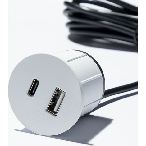 Prise encastrable chargeur 2X USB A/C diamètre 30 mm Blanc en Alu