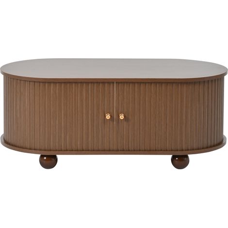 Table basse ovale en MDF couleur noyer avec rangement et portes coulissantes 100 x 50 x 40 cm (1/5)