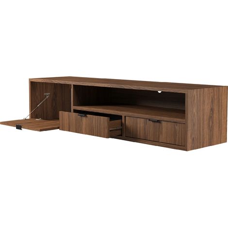 Mobile TV Sospeso In Melaminico Con 1 Anta A Ribalta 2 Cassetti Ampio Vano A Giorno Con Passacavo Per Soggiorno Design Contemporaneo 150 X 35 X 40 Cm Noce (1/5)