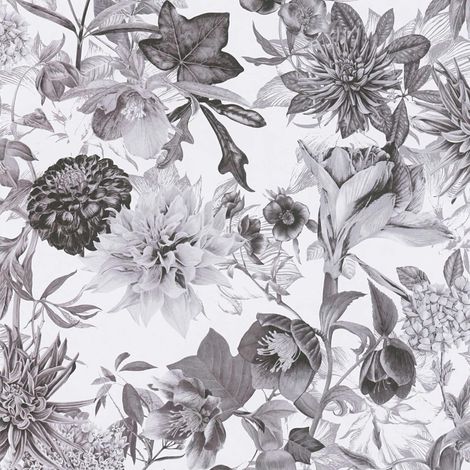 Papier peint nature noir et blanc Tapisserie florale vintage style botanique Papier peint fleuri cottage idéal pour salon (1/4)