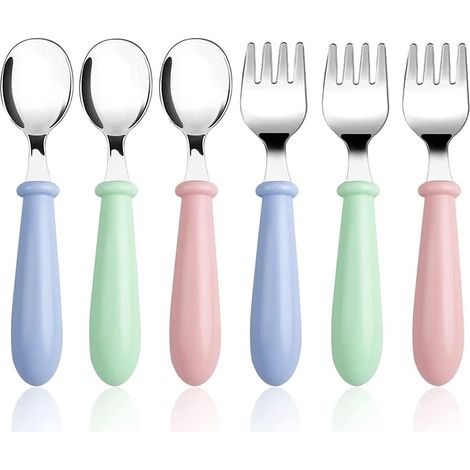 Ensemble de 3/6 pièces de couverts pour bébé (fourchettes et cuillères), couverts en acier inoxydable pour tout-petits avec manche rond, couverts pour enfants (fourchettes et cuillères).