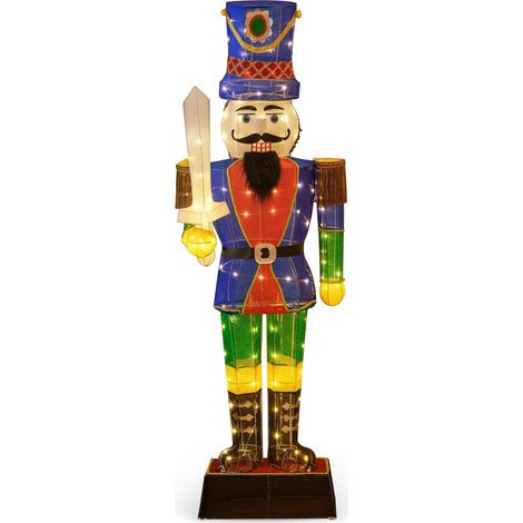 COSTWAY Soldat Casse-Noisette de 184 cm avec Chapeau et Epée, Décoration de Noël 3D avec 110 Lumières LED Blanc Chaud, Figurine de Noël Pailletée Etanche pour l'Intérieur et l'Extérieur (1/5)