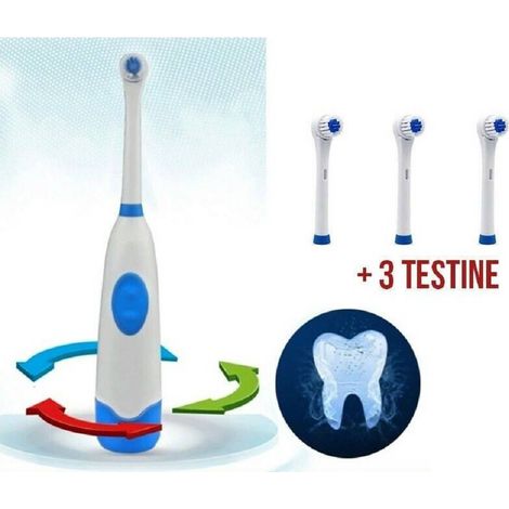 TrAdE Shop Traesio - Spazzolino Elettrico Denti Testa Rotante Con 3 Testine Batteria Base Igiene -
