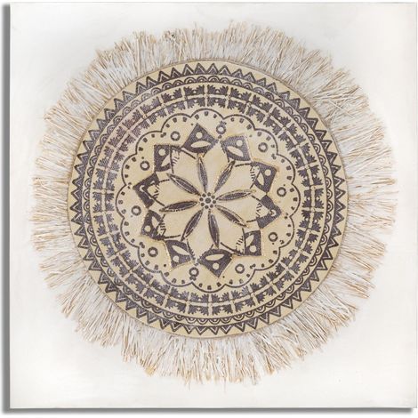 Dipinto su tela Malindi con mandala etnico e frange in rafia 100x100 cm