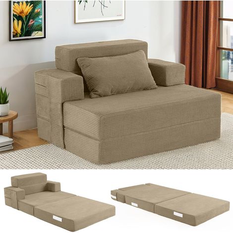 Canapé-lit pliable simple – Fauteuil lit convertible avec oreiller et accoudoirs, matelas futon pliable avec soutien dorsal, canapé lit désossé pour le salon, taupe clair (1/5)