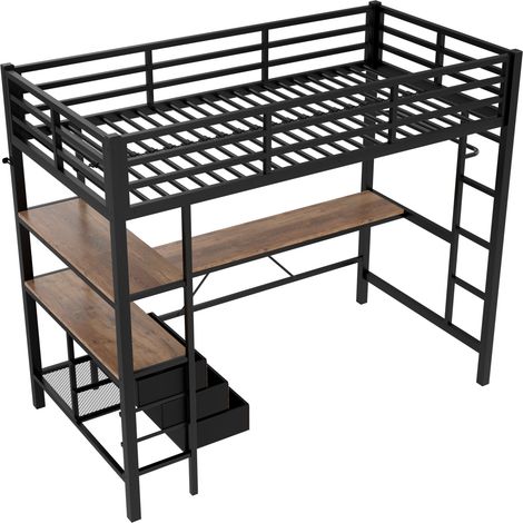 Letto a soppalco 90 x 200 cm in metallo e MDF nero con scrivania, LED, prese USB e vani (1/5)