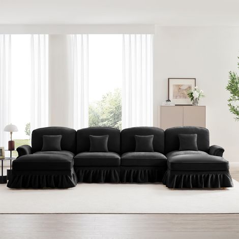 Modulares 4-Sitzer-Ecksofa, U-förmiges Sofa aus Chenille-Stoff mit Hocker und abnehmbarem Bezug, 350x140x93 cm – Komfortables und modernes Sofa fürs Wohnzimmer – Schwarz