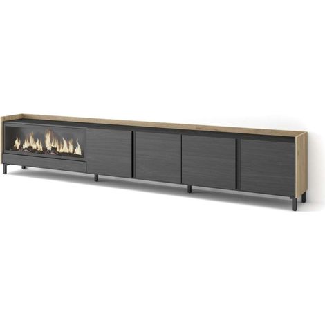 Mueble TV Árchez-02 de 315x61x35 cm con chimenea y luces LED, diseño industrial, color negro y roble (1/4)