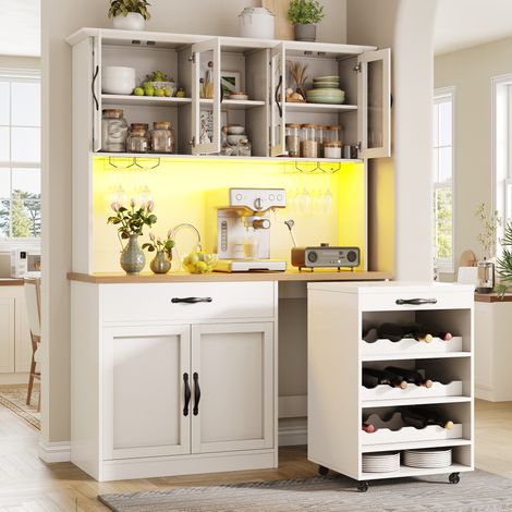 Buffet de cuisine 140 cm avec chariot, LED, range-bouteilles et porte-verres, meuble haut pour cuisine, salon et salle à manger - Blanc