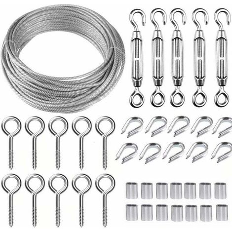 Kit câble métallique acier inoxydable 30m/2mm - Tendeur fil robuste M5, rouleau de fil de clôture, garde-corps de câble pour plantes grimpantes (1/3)
