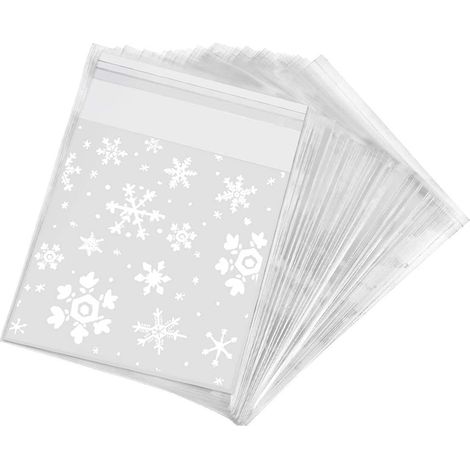 100 Stück bedruckte Plastiktüten mit Schneeflockenmuster für Weihnachtsgeschenke, z. B. für Süßigkeitenverpackungen (1/5)
