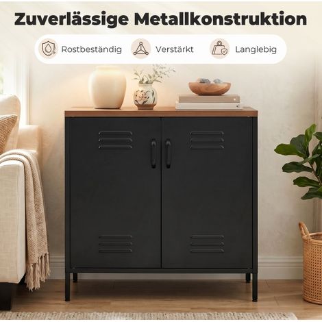 Buffet industriel 80x40x80 cm en métal noir, plateau effet bois, 2 portes, gain de place – MEUBLIV (1/5)