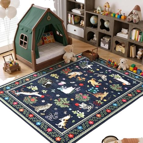 Alfombra para gatos, diseño floral, antideslizante para uso en interiores, azul, 160 × 230 cm. (1/2)