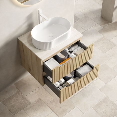 Meuble vasque suspendu de 60cm, avec vasque ovale blanche, caisson en contreplaqué rayé avec 2 tiroirs, sans montage, chêne blanc (1/5)