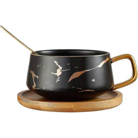 Tasses à café et à thé en céramique effet marbre avec cuillère et soucoupes en bois, cadeau unique pour la Saint-Valentin (1/5)
