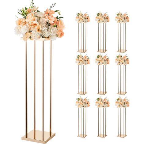 Support Fleur Mariage Colonne Lot de 10 Support Fleur Centre Table Mariage 80 cm Présentoir Floral pour Fêtes, Anniversaires, Décoration Intérieure, avec Pieds Cylindre Panneau Métallique, Doré (1/5)