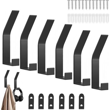 Lot de 6 patères murales - Porte-manteaux muraux - Crochets muraux avec vis invisibles - Porte-serviettes mural en alliage d'aluminium - Noir - Convient pour suspendre vestes, manteaux, vêtements, fou (1/5)