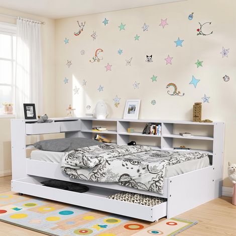 Les Tendances – Lit gigogne 90x190 cm – 1 sommier à lattes – 1 tiroir de rangement – Étagères blanches – Dimensions 217x119,5x83 cm (1/10)