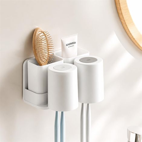 Soporte de pared para cepillos de dientes con 2 vasos y 2 compartimentos no requiere taladrar para su montaje en la pared. (1/5)