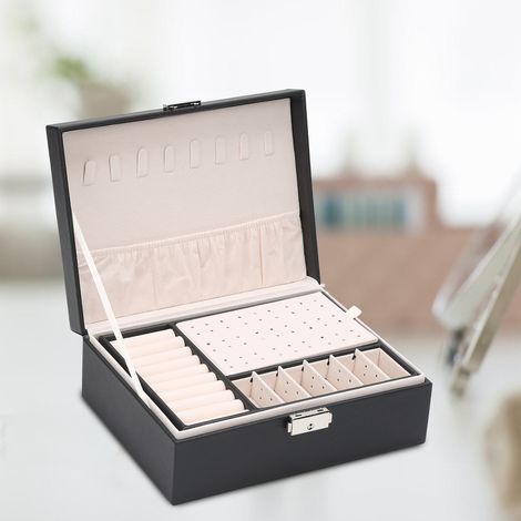 Randaco Schmuckkasten Doppelschicht Aufbewahrungskoffer für Ringe Ohrringe Armbänder Halsketten Schmuck Veranstalter Geschenkbox für Frauen und Mädchen Schwarz (1/5)