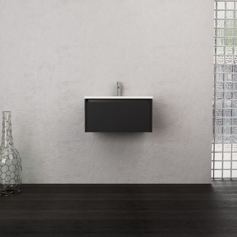 Inda - Badezimmerschrank 1 Schublade B.60 mit mattiertem Waschbecken / Mattschwarz - Smeraldo