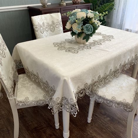 Nappe en dentelle brodée de fleurs, infroissable et antitache, idéale pour la cuisine et la table à manger - Gris ombré (1/3)