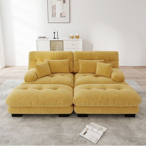Divano modulare angolare giallo in ciniglia con cuscini e pouf, design cloud (1/5)