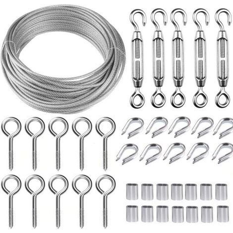 Kit de câble en acier inoxydable de 30,5 m avec tendeur M5, crochets à œil et manchons PVC résistant aux intempéries (1/5)