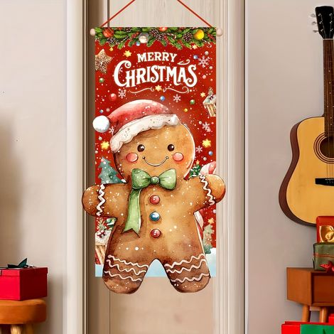 Bannière de Noël motif bonhomme en pain d'épice, décoration de porche pour fête de Noël extérieure - 50 x 96 cm (corde de suspension noire) - Style 1