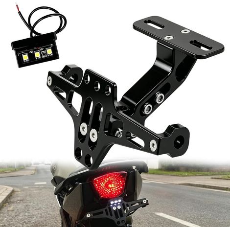 Support de Plaque D'immatriculation Moto, Kit Universel de Démontage D'aileron, Support de Plaque D'immatriculation Réglable avec éclairage Intégré (1/5)