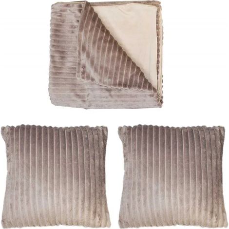 Plaid 125x166 cm et 2 coussins 40x40 cm marron glacé en velours côtelé doux – Doublure suédine – Entretien facile lavage 30° – Meubletmoi (1/3)