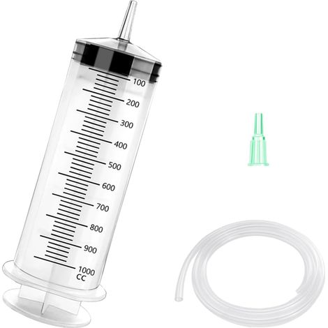 Plastique Seringue, 1000 ML Grande Seringue avec Tuyau, Seringue à Huile, Pompe Manuelle pour Changement d'huile, Liquide de Frein, Liquide de Refroidissement (sans Aiguille) (1/5)