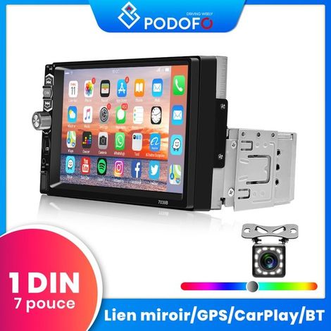 Podofo Autoradio Bluetooth 1 DIN 7 pouces avec Android Car Wireless Carplay Rétroviseur Link USB SWC TF Caméra de recul (1/5)