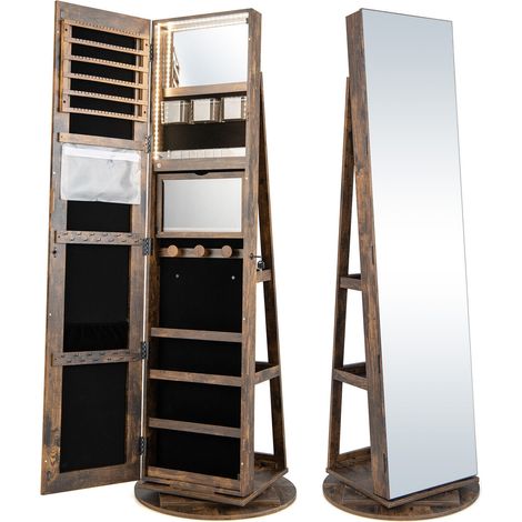 Armoire à bijoux miroir rotative 360° avec 3 modes LED colorés verrouillable - marron (1/5)