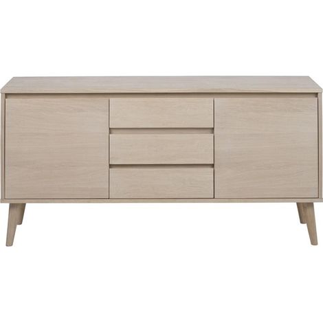 Naila Sideboard mit 2 Türen und 3 Schubladen aus Eiche Furnier und massiv,weiß gelaugt.