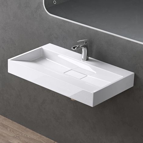 doporro Waschbecken Aufsatzwaschbecken Mineralguss Hängewaschbecken 90cm mit Nano-Beschichtung inkl. Ablaufgarnitur Col19