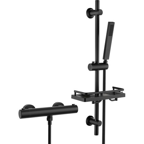 JOHO Termostatico Nero Colonna Doccia con Tubinetto Termostatico Doccia, Set Asta per Doccia con Mensola, Termostato Miscelatore Doccia + Barra Doccia in Acciaio inox 70 cm con Doccetta e Tubo (1/5)